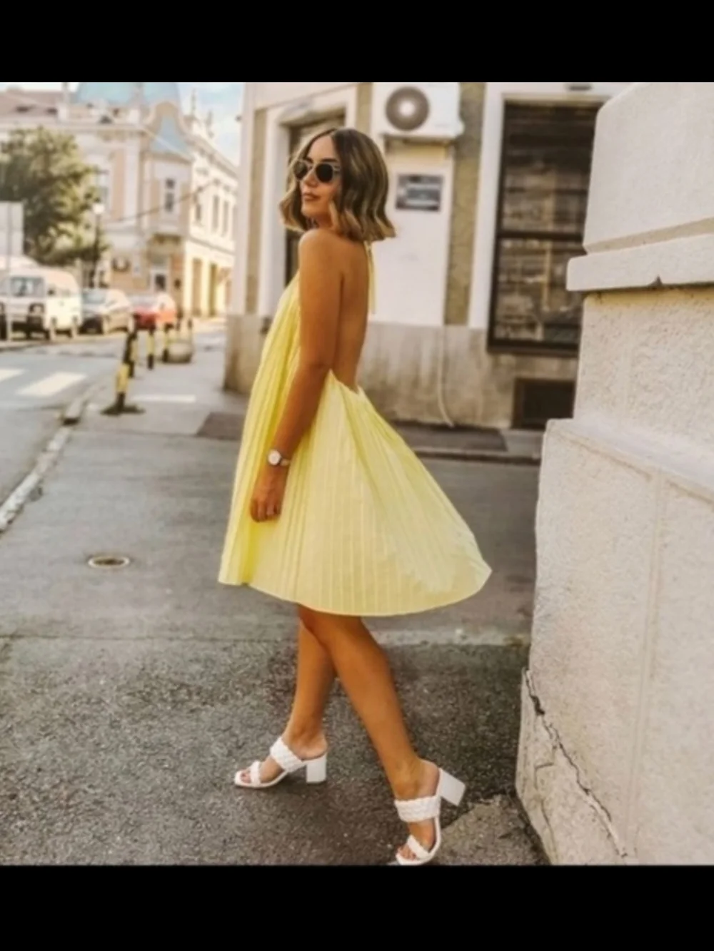 Zara Pleated Halter Dress in Pale Yellow - Picture 9 of 9